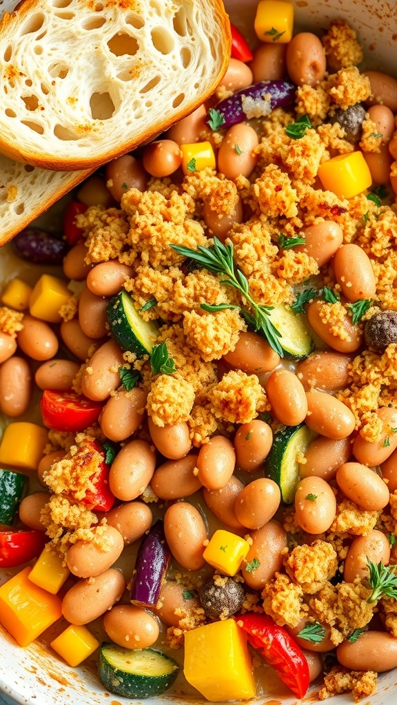 A crusty bean and vegetable bake topped with breadcrumbs and cheese, served in a rustic dish with fresh herbs.